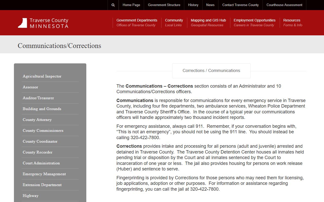 Traverse County corrections page explaining detention center inmate intake and custody categories