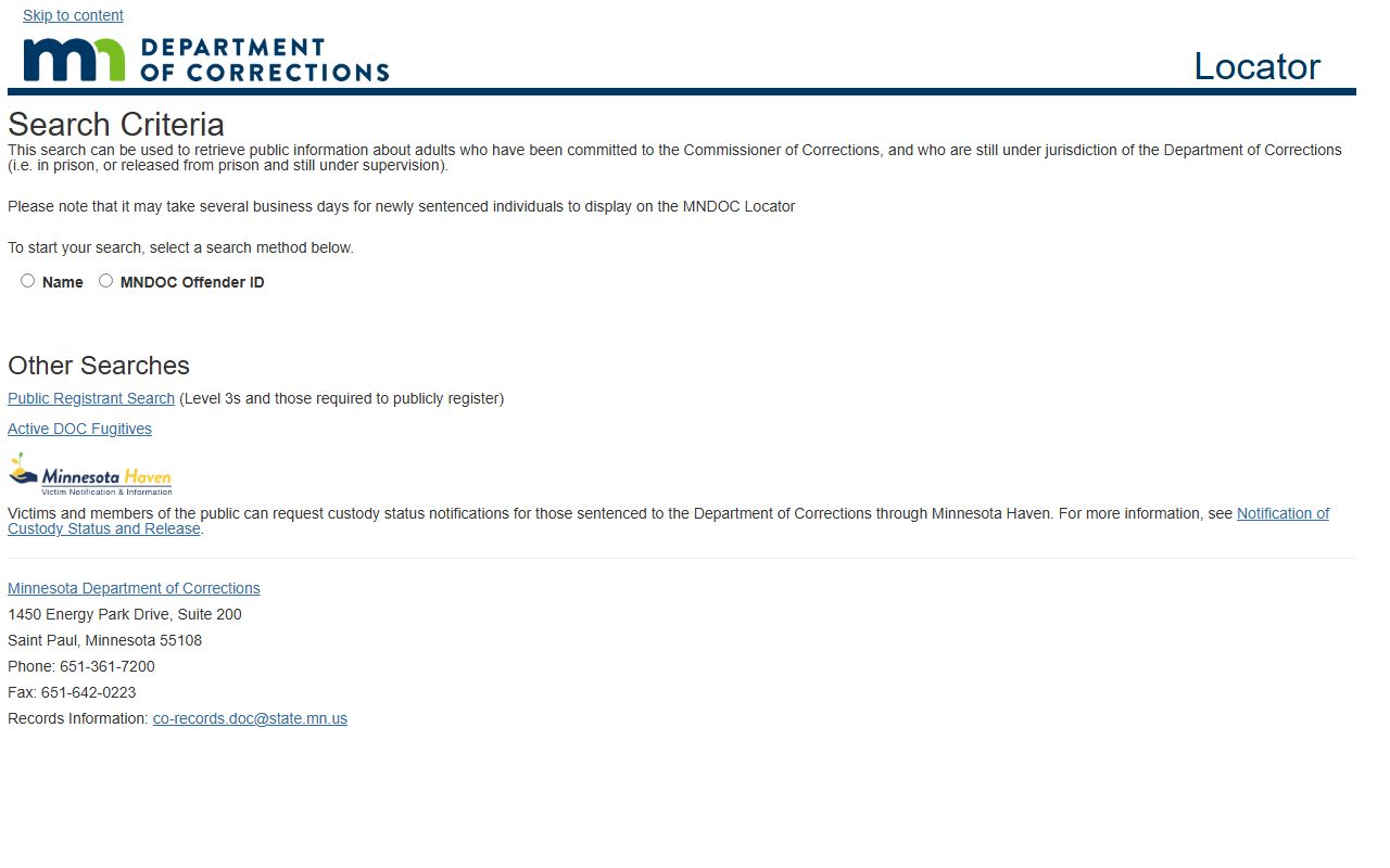 MNDOC public viewer for Stevens County sentenced inmate records