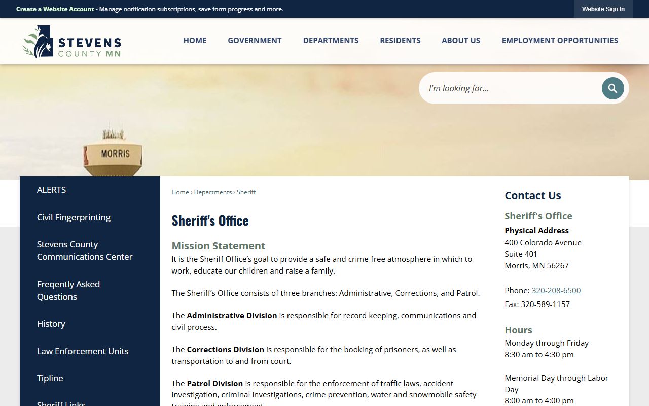 Stevens County Sheriff's Office corrections and inmate custody contact page