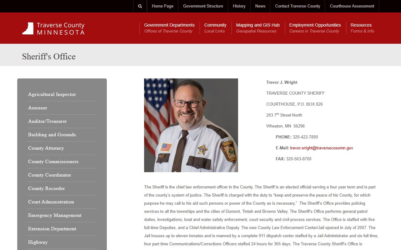 Traverse County Detention Center sheriff page with jail capacity and custody information